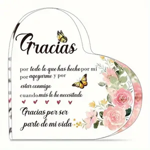 1pc Heart Acrylic Ornament - Thank You Gift in Spanish for Men/Women/Friends/Family - Rose Flower Desk Decor Signs,regalo para mamá, Feliz Día de la Madre