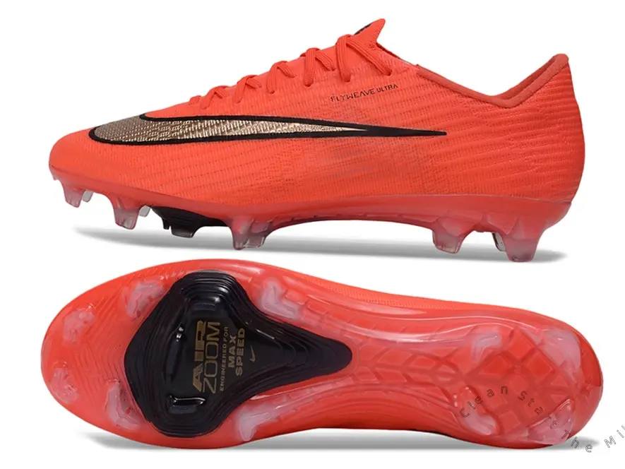 Gold Black Gradient Curved Accent Bright Orange Stretch Knit Low Top Firm Ground Soccer Cleats, Clear Stud Traction Outsole With Cushion Unisex Pro Footwear For Grass Match Training
