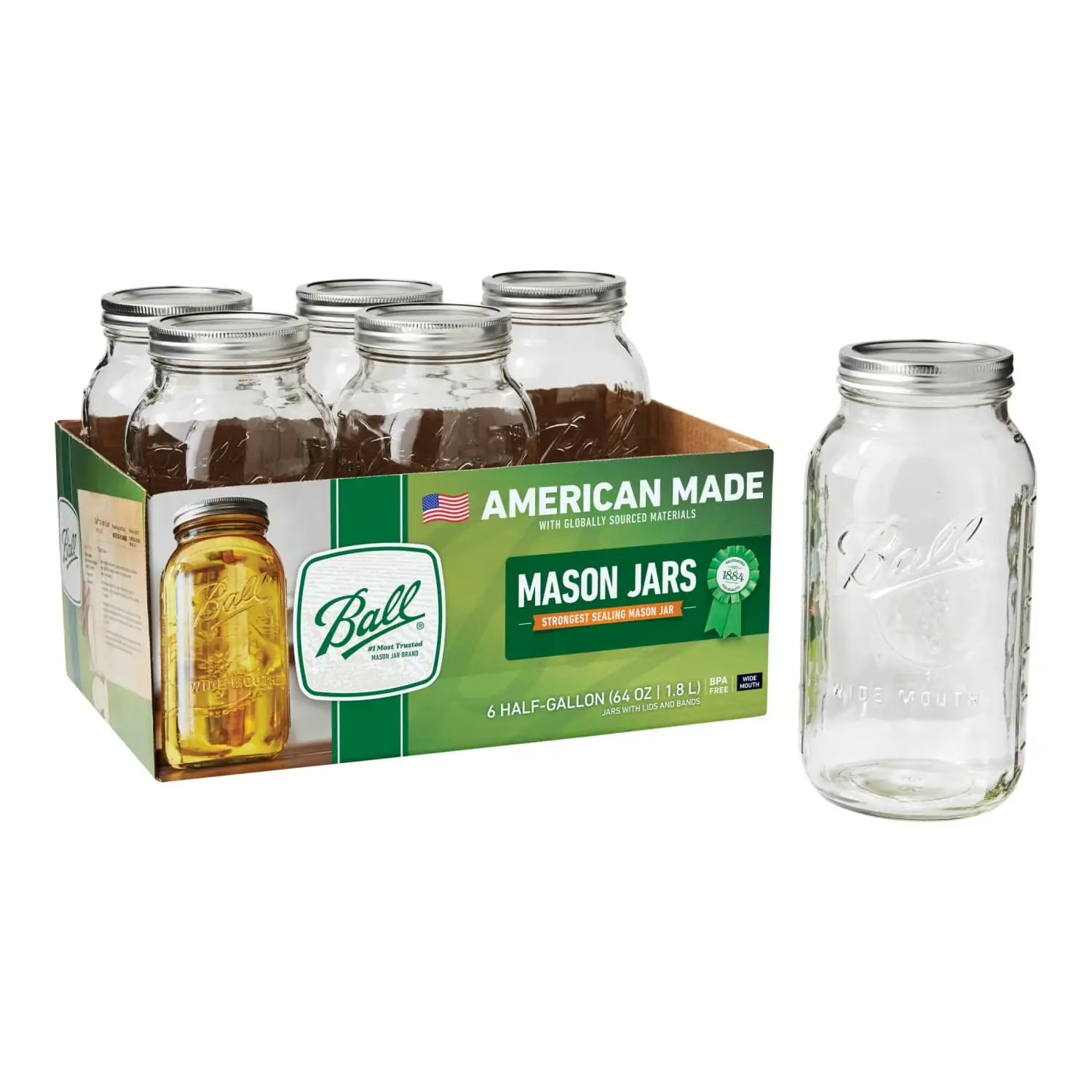 64 oz Wide Mouth Glass Mason Ball Jars with Lid and Band, 6-Count Kitchen Preserving Containers...