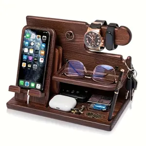 Solid Wood Phone Stand & Organizer for Men – Multifunctional Nightstand with Charging Cable Slot, Compartments for Wallets, Glasses, Watches & Keys – Perfect Gift for Dad, Husband, Boyfriend – Easy Assembly, Farmhouse Decor, Accessory Holder| Spring Theme
