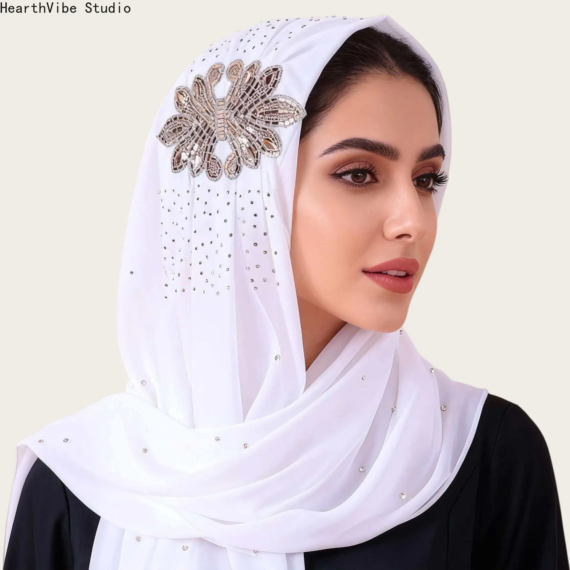 Elegant White Chiffon Hijab with Luxury Gold Flower Brooch & Rhinestones, Premium Soft Breathable Headscarf, Muslim Women Shawl for Eid, Wedding & Bridal Look