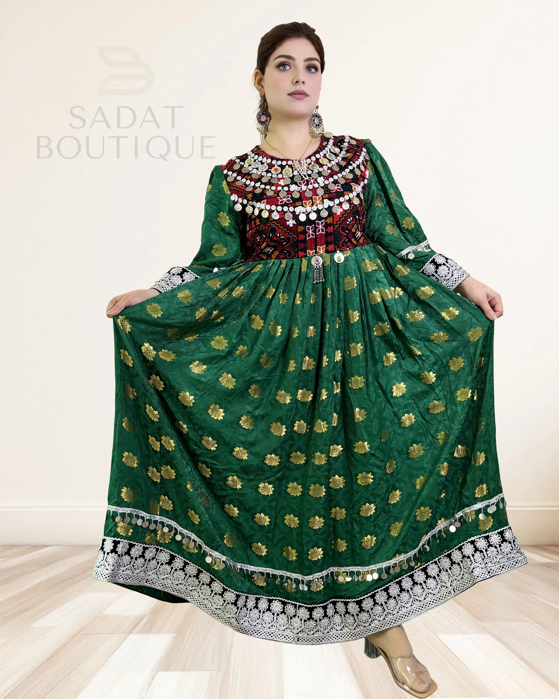 Afghan Traditional Dress – Emerald Green with Mirror Embroidery | Sadat Boutique