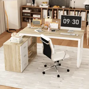 FUFU&GAGA 55" L-Shaped Home Office Desk - Corner Computer Desk w/ 3 Drawers, 2 Shelves & Storage Cabinet, Study Writing Workstation Stable Tabletop