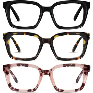 RESJOK 3 Pack Tortoiseshell Reading Glasses Blue Light Blocking Readers Oversize Oprah Square Anti Glare for Women & Men Eyestrain Spring Hinge High Definition Vision