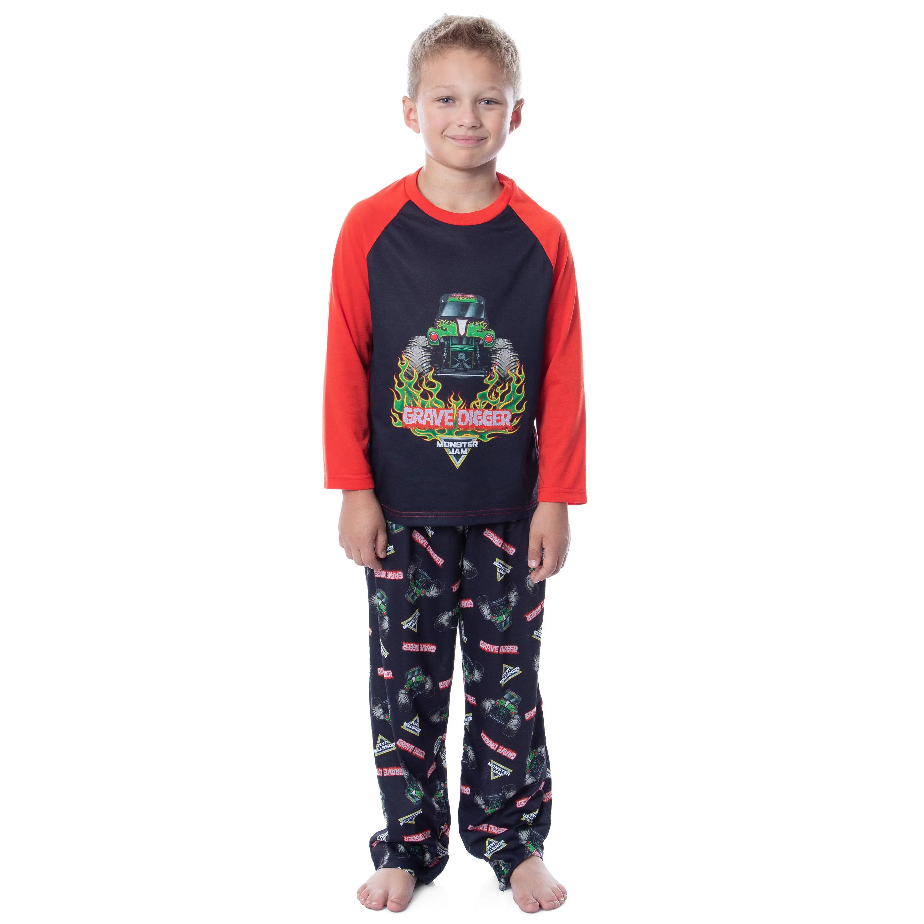 Monster Jam Boys' Grave Digger Raglan Sleep Pajama Set Shirt Pants