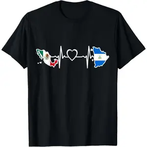 Mexico Nicaragua Flag Round Neck Streetwear T-Shirt - Cotton Short-Sleeve Top with HeartBeat Graphic Print for Men, Women's Clothes