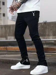 Men's casual slim-fit jeans - cotton blend, regular stretch denim, side zipper detail, machine washable, versatile for all seasons, all-season denim | Modern custom jeans | Smooth texture skinny flare jean Pants Black