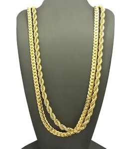 MaxBling81 Men's 90's Hip Hop Statement Chain Necklaces Set - 6mm 30" Brass Rope, 6mm 30" Gold-Plated Cuban Pieces, Classic Fashion Jewelry Accessories