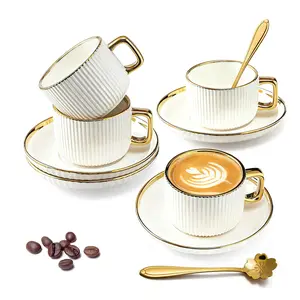 200 Ml White Gold Ceramic Coffee Mug Set of 4, Latte Mugs with Saucers and Spoons, White Latte Cups and Espresso Mug for Specialty Coffee Drinks, Latte, Cafe Mocha, Tea