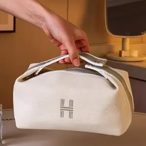 Wide-Opening Canvas Makeup Bag, Fits Full-Size Skincare, Cosmetics & Toiletries, Diverse Fabric Material, Sleek Daily Use, Cosmetic Pouch