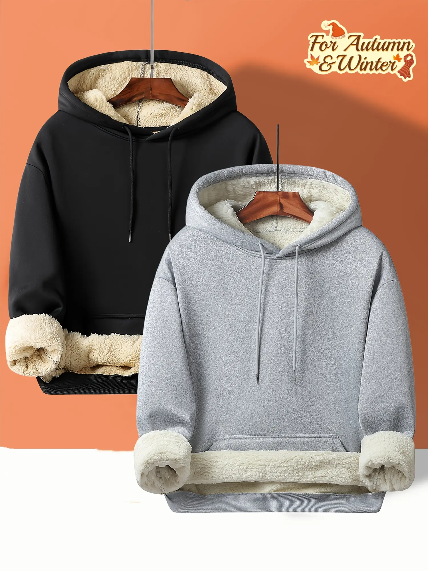 Men's 2-Pack Unisex Fleece-Lined Hoodies - Menswear Tops, Oversized Casual Long Sleeve Plain Pullover with Kangaroo Pocket, Ideal for Fall Winter Outdoor Activities