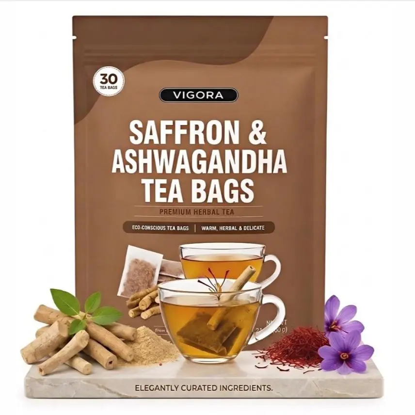 VIGORA  Saffron Ashwagandha Herbal Tea Bags – Caffeine Free Relaxing Tea for Evening Wind-Down, Warm Earthy Flavor, Easy Daily Brew, 30 Count