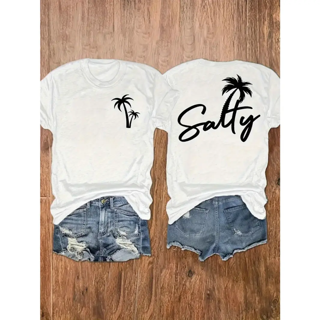 Womens Salty Graphic Tee Short Sleeve Crewneck Summer Beach Vacation Shirt Cute Palm Tree Print Casual Loose Fit Soft Cotton-containing Top
