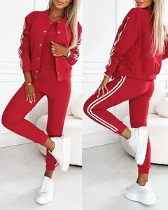 2026 Spring ChicMe Women's 3 Piece Outfits Matching Sets Striped Tape Patch Tank Tops Button Front Jacket Cuffed Pants with Pockets Tracksuit Comfort Womenswear