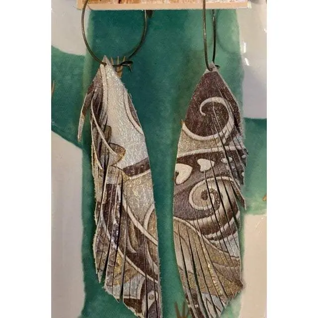 Genuine Leather Feather Earrings-Brown Painted