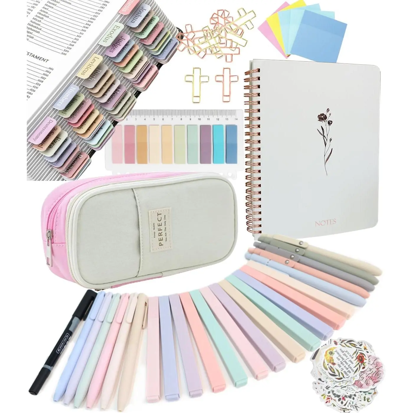 Christian Bible Journaling Kit - Pastel Markers, Tabs, Highlighters, Notebook, Pen Case, Organizer, Cute Cross Paperclips Add Sweet Style - Cute Aesthetic Beginner's Kit for Bible Study, Art Projects (Office/School Use)