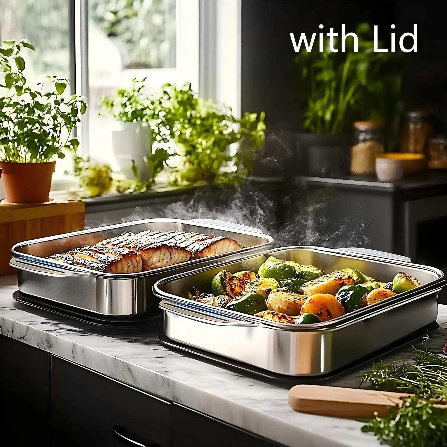 LOVEWE 2-Pack Stainless Steel Rectangle Baking Pans - Large Kitchen Trays with Lid Handles, Ergonomic Design, Oven-Safe for Baking, Grilling, Bake