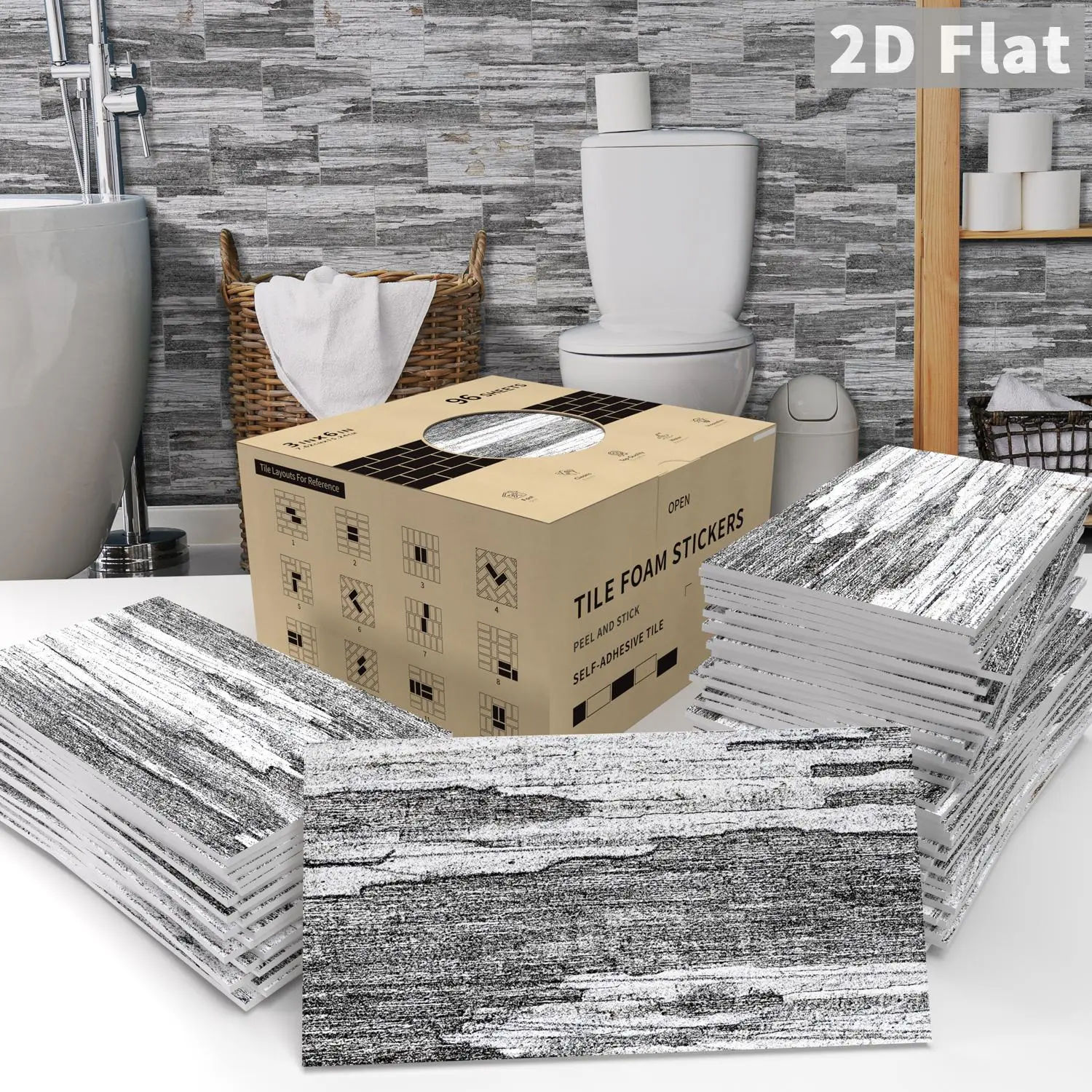 96 PCS  peel and stick wallpaper  Black and White Distressed Wood Grain Texture Self-Adhesive Tile Wall Stickers | For Renters/DIY Enthusiasts/Home Renovations |3*6" Texture Suitable for Kitchens & Bathrooms Removable Decorative Backsplash （2D FLAT）