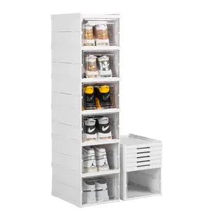 Shoe Storage Box, Installation-free 6 Tiers Foldable Shoe Organizer with Clear Door, Space-saving Shoe Rack，Sturdy Clear Plastic Stackable Sneaker Container