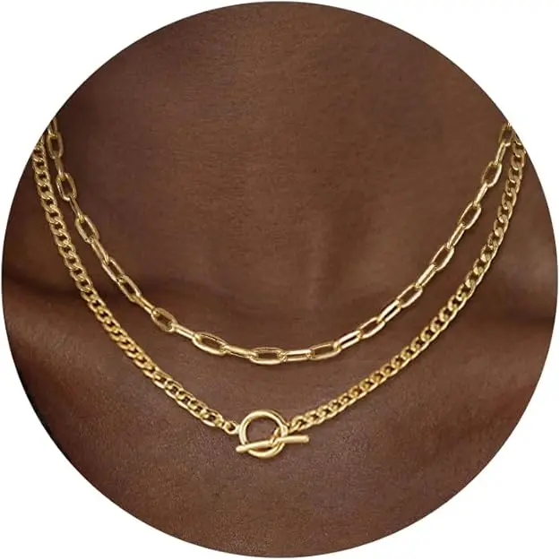 Gold Layered Necklaces for Women, 14K Dainty Gold Chain Necklace Women Trendy Cuban Link Paperclip Chain Toggle Clasp Necklace Fashion Chunky Jewelry for Women