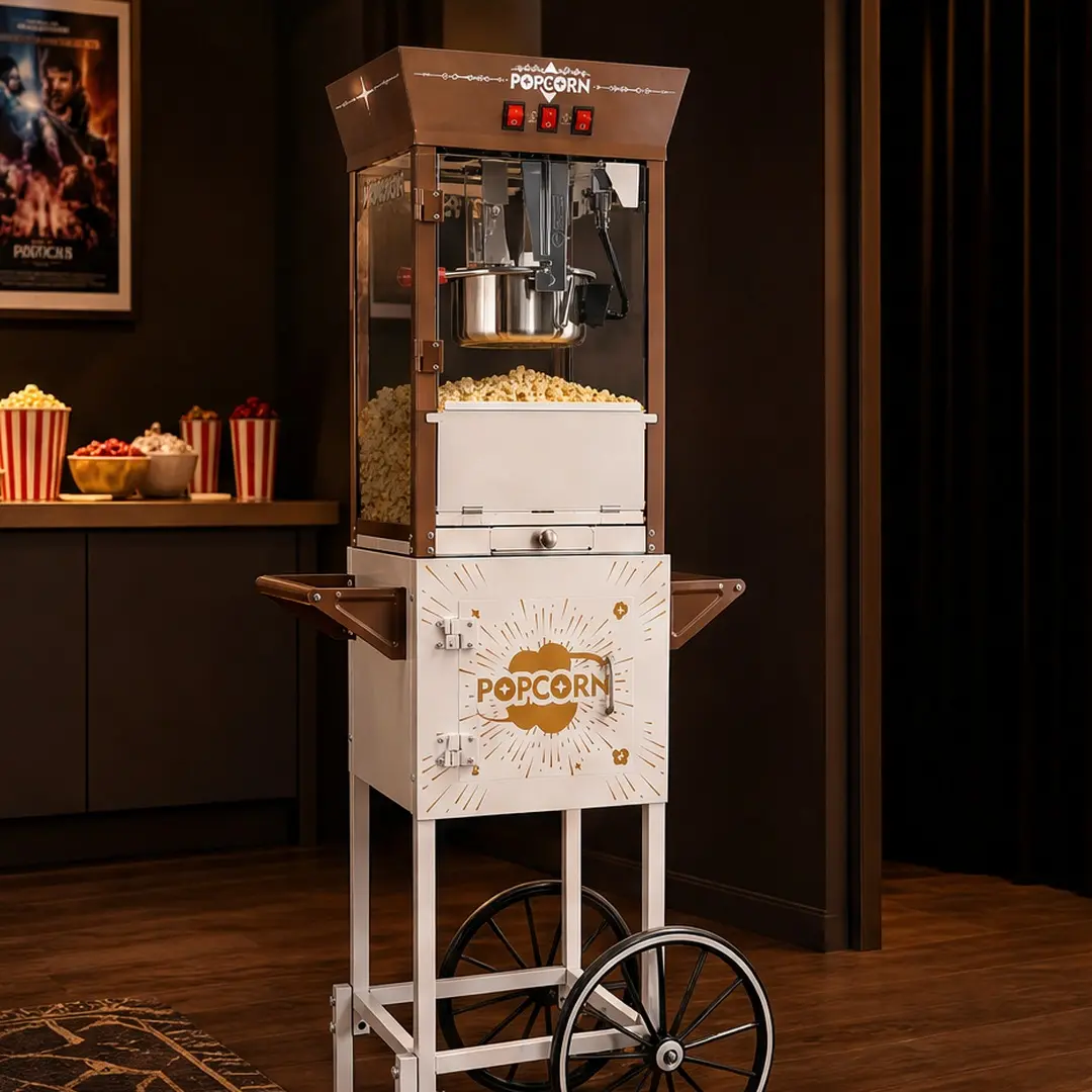 ARCH 12oz Vintage Commercial Popcorn Machine with Rolling Cart, Large Kettle Handles, 3 Independent Controls, 3 Candy Boxes, Retro Look, Brown-Antique White Stainless Steel, Light+Stir+Heat, Toppings On Hand, 15.35 w x 23.35 d x 54.09 h in, for Snack Bar