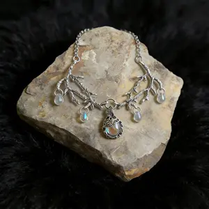 Witchy Jewelry - 925 Sterling Silver Branch Necklace, Gothic-style Branch Pendant Inlaid with Iridescent Moonstone, Enchanted Witchy Jewelry | Wife Gift