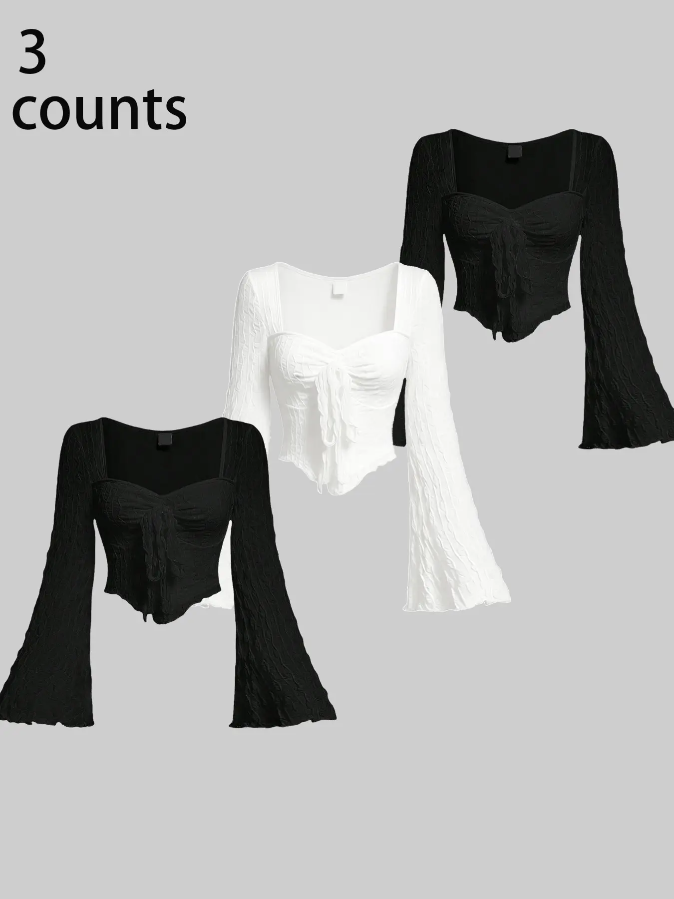 Set of 3 Women's Gothic Bubble Crepe Batwing Sleeve Slim-Fit Mesh Knit Long-Sleeve T-Shirts — Y2K Gothic Style, Pair with Flared Pants, Witchy Dark Gothic Aesthetic Long-Sleeve Tops