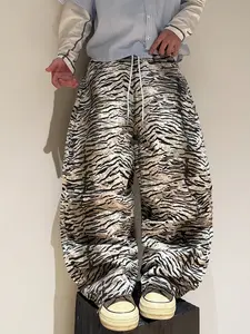 Fashion Street Style Y2K Jungle Print Tiger Skin Pattern Straight Leg Loose Fit Sweatpants, Drawstring Waist, Graphic Fitted Pants, Streetwear