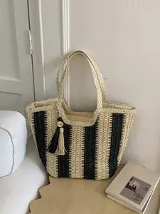 Spring Summer New Large Capacity Handwoven Straw Bag, Portable Handle & Shoulder Strap Design, Ideal for Daily Use Beach Vacation, Colorblock Tassel Bags