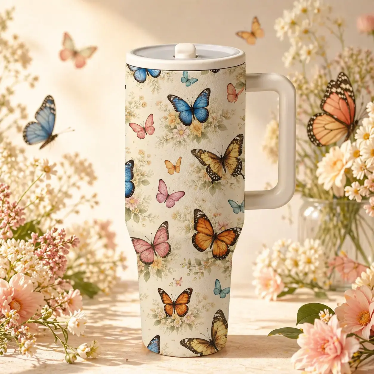 1 Pc 40oz Insulated Travel Mug, Stainless Steel Thermos Insulated Flask, Butterfly Floral Print, Double Wall, Leak-Proof, Skinny Design, Hot & Cold Drinks, BPA-Free, For Women and Men, Ideal Birthday Gift, Keeps Drinks Hot for 12 Hours, Cold for 24 Hours