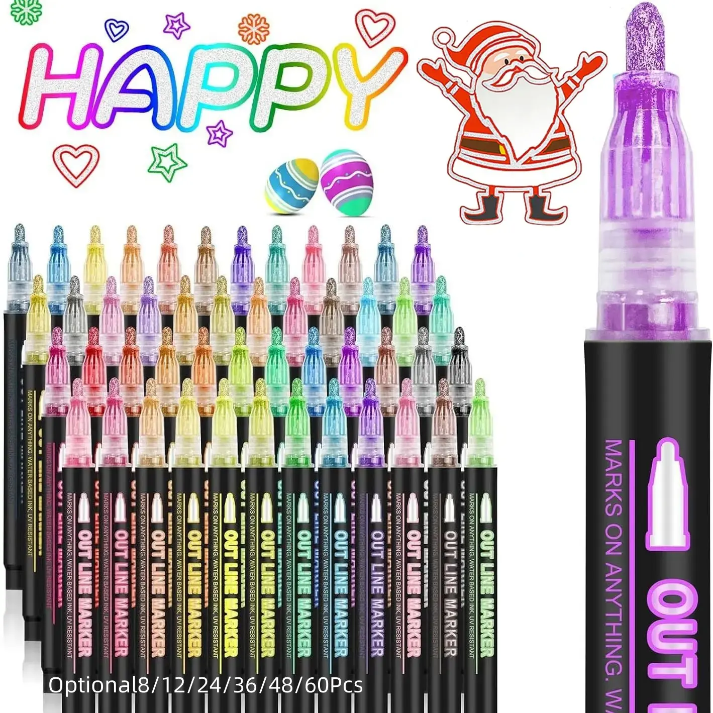 Double-Line Outline Art Marker Pen Set, 8, 12, 24, 36, or 48 Colors DIY Graffiti Highlighter Pens Drawing Markers for Scrapbook, Poster and Card Coloring Drawing Art Supplies