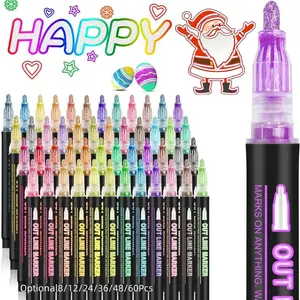 Double-Line Outline Art Marker Pen Set, 8, 12, 24, 36, or 48 Colors DIY Graffiti Highlighter Pens Drawing Markers for Scrapbook, Poster and Card Coloring Drawing Art Supplies