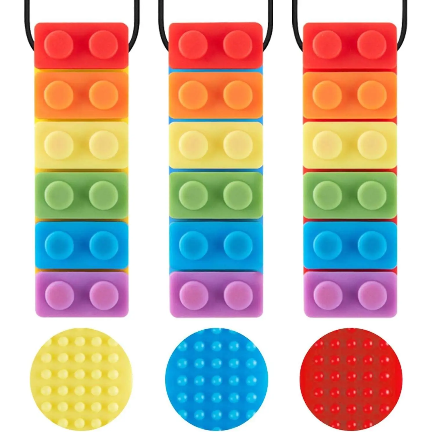 Sensory Chew Necklace 3-Pack for Unisex Kids, Rainbow Building Brick Teethers Made from Food Grade Silicone, Adjustable Choker for Anxiety Relief & Autistic Kids