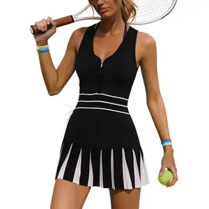 FISOEW  Sports 2026 Summer Spring Women's Tennis Dress Sleeveless Zip-Up Athletic Skort Dress Sports Outfit with Textured Fabric Waist Stripes & Drawstring for Tennis Golf Gym