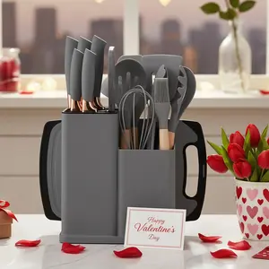 Valentine's Day Sale! Buy a knife set and get a free cutting board! | Limited-time 19-piece kitchenware set: Knives and silicone kitchen utensils with wooden handles. Includes a heat-resistant non-stick spatula, ladle, and chef's knife. Gray wood. Block