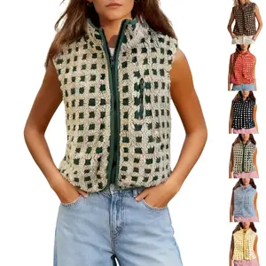 JovenPara Checkered Sherpa Vest Fleece Jacket Lightweight Zip Up Sleeveless Crochet Plaid Gilet with Pocket