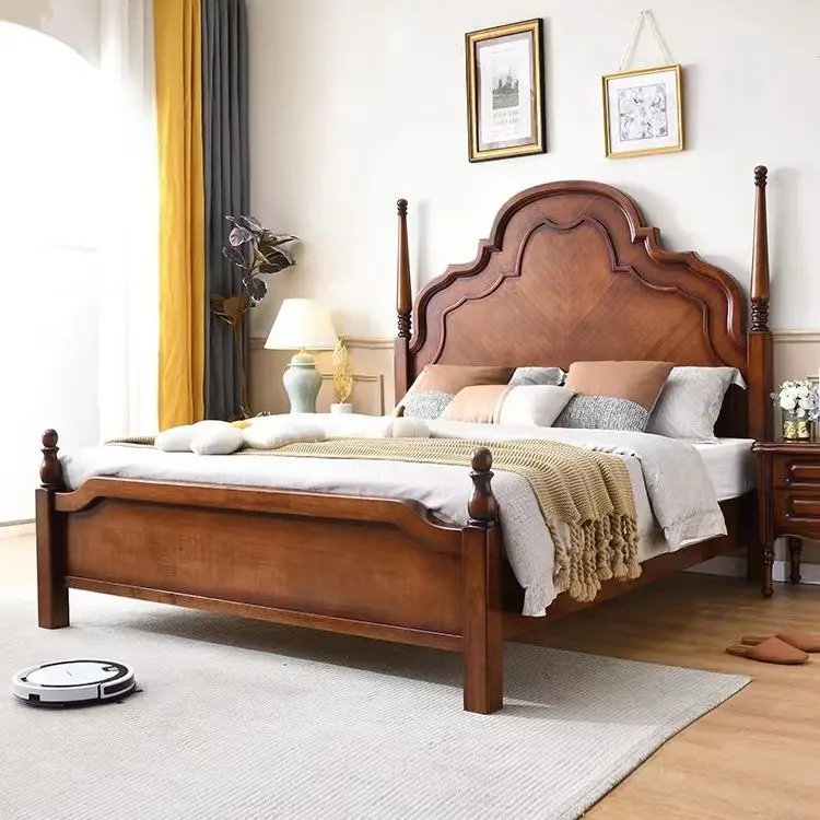 Elegant Wooden Bed with Curved Headboard and Four Posts for Bedroom Decor