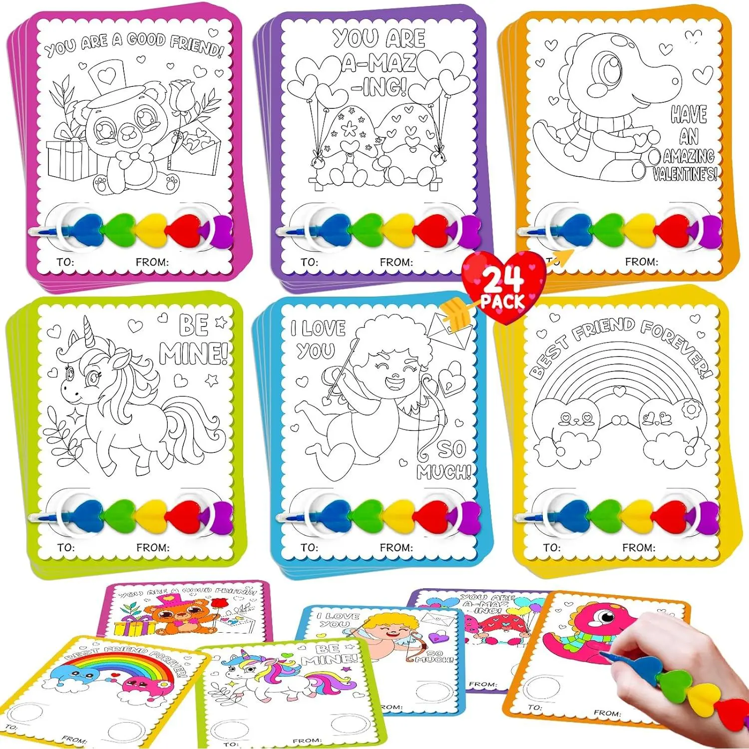 Valentine Cards  Kids School, 24 Stacking Heart Crayons with 24 Valentines Day Coloring Cards  Kids Classroom Treats Prizes Supplies Valentines Party Favors  Boys Girls