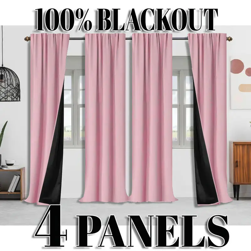 4 Counts 100% Blackout Thermal-Insulated Rod-Pocket Curtains, All-Season Laminated Panels for Bedroom, Living Room or Balcony Windows, Polyester Privacy Curtain, Home Decoration Curtain