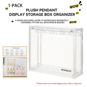 Plush Pendant Display Storage Box Organizer – Transparent Stackable Case with 4 Hooks – Optional 12-Pack Hook Accessory Pack – Dust & Moisture Proof – for POPMART Figures & Collectibles – Collector Essentials