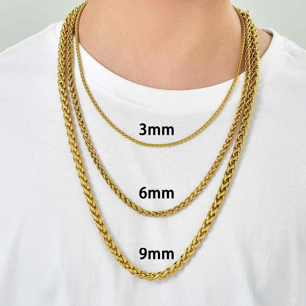 U7 3/6/9mm Wheat Chain Necklace Men's Necklace 316L Stainless Steel Necklace Jewelry