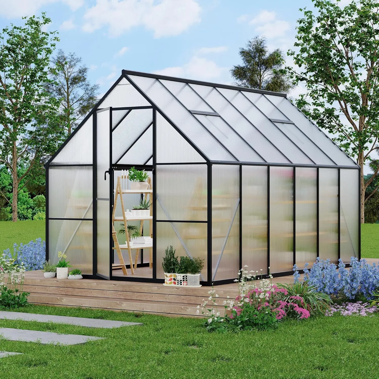 Garvee 8x10 FT Heavy-Duty Aluminium Frame Polycarbonate Greenhouse Kit - Backyard Plant Growing, Customizable Roof Ventilation, UV Protection, 35% Greater Stability, 40% Faster Assembly, Black, Assembly Required