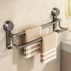 Upgrade Strong Suction Cup Dual Rod Towel Rack, No Drilling Wall Mounted Bathroom Kitchen Holder, Space Saving Solution, Rust-Resistant Material, Bathroom Accessories, Bathroom Organizing Accessories