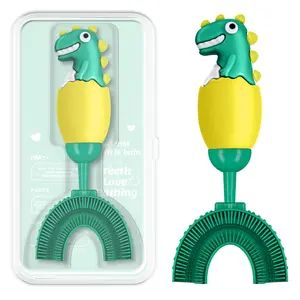 Manual U-Shaped Toothbrush for Kids Ages 2-7， Soft Food-Grade Silicone for Sensitive Gums， 360° Teeth Cleaning Design，Training & Travel-Friendly Toddlers' Toothbrush (Yellow)