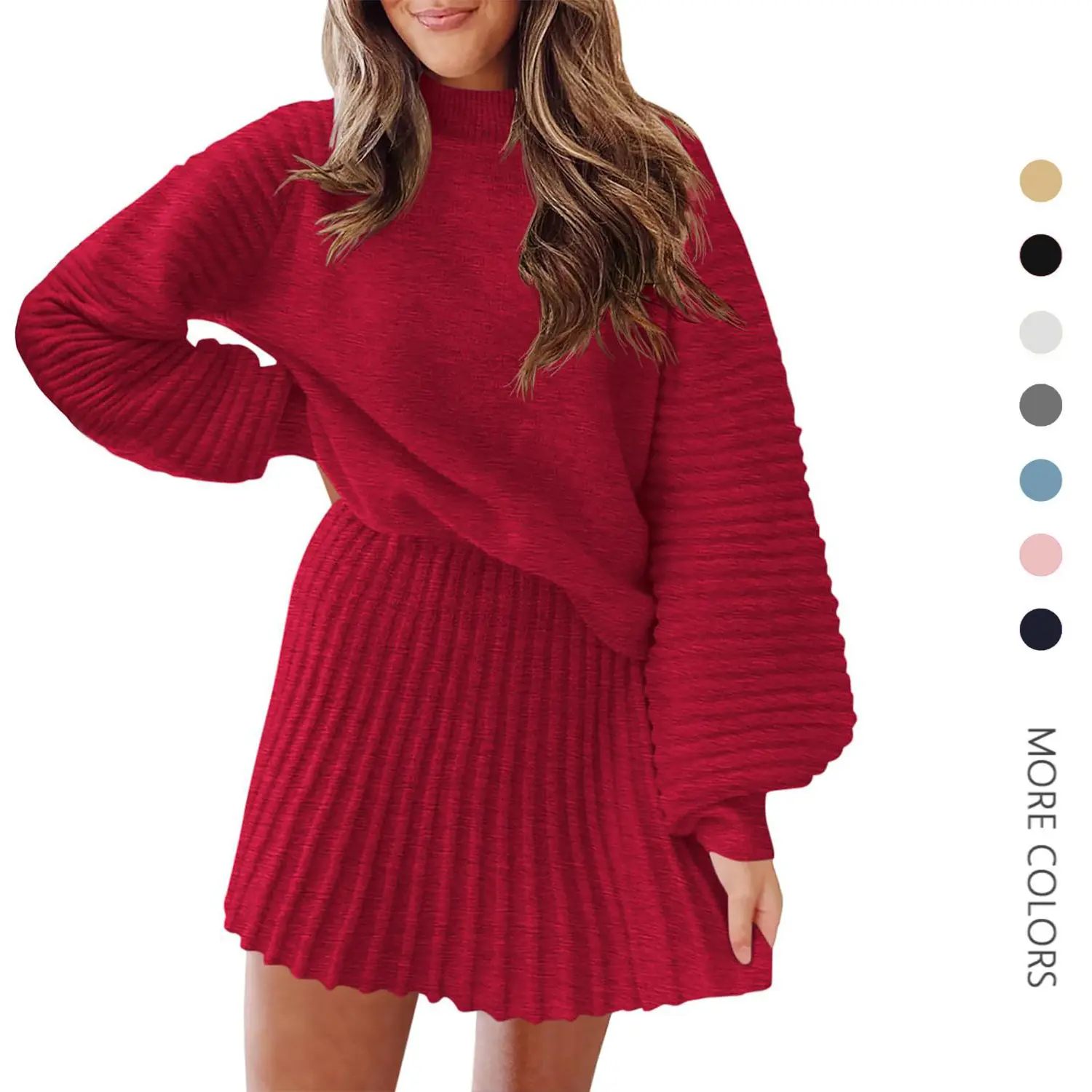 Danedvi Women's 2 Piece Outfits Long Sleeve Mock Neck Ribbed Sweaters and Mini Skirt Two Piece Sets