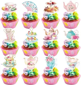 Lyosehy 48-Piece Reusable Bamboo Floral Cupcake Toppers - Vintage Pastel Insert Ornaments, Festive Cake Decorations Supplies for Princess Themed Birthdays, Anniversaries
