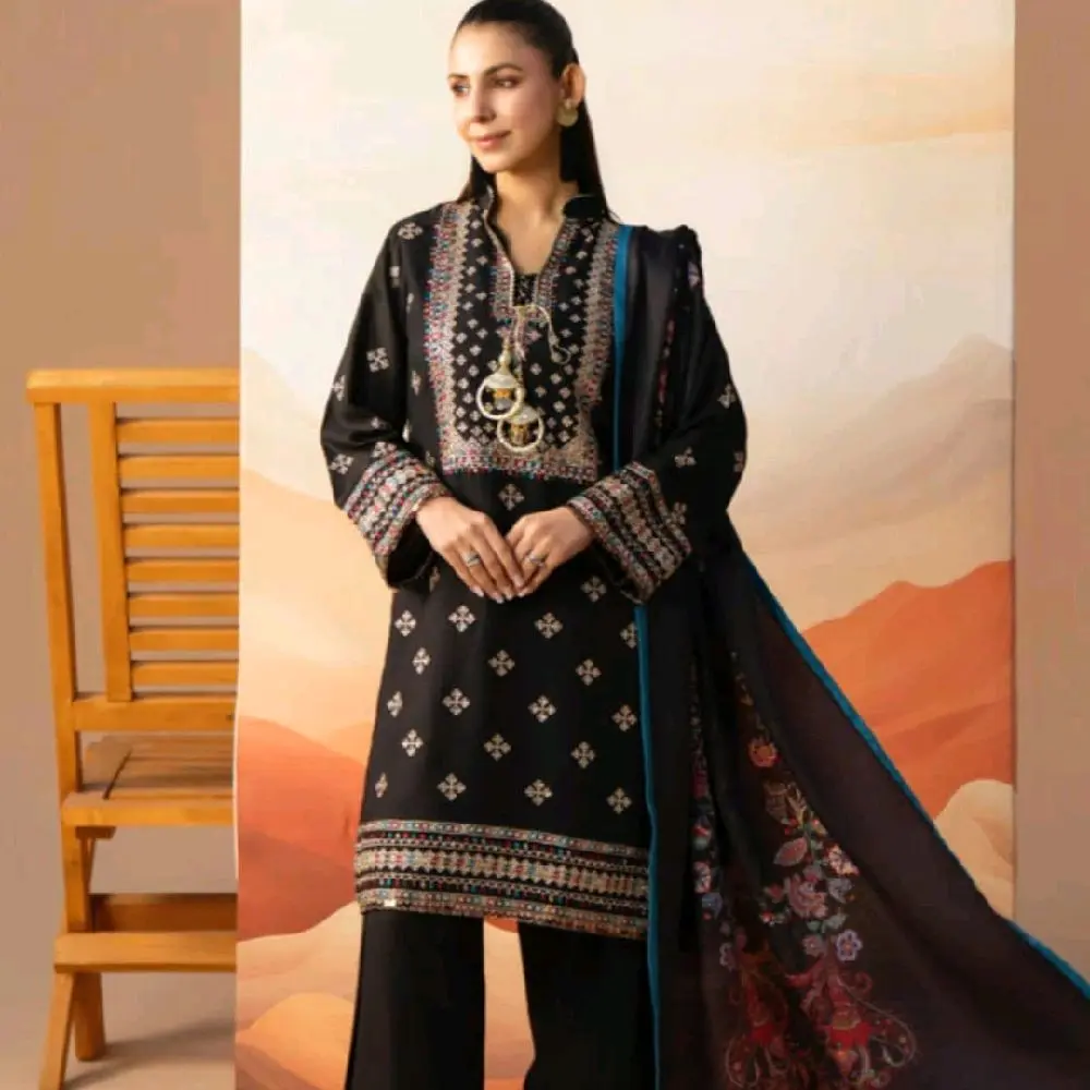Dhanak fabric 3 pc stitched suit with farshi shalwar and embroidered work