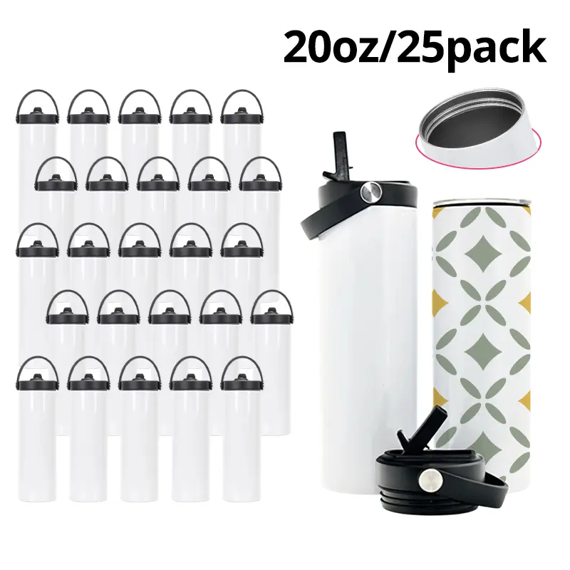 25-Pack 20oz Straight Sublimation Blank Sports Water Bottle - Leak-Proof Water Bottles, Flasks with Plastic Lid, Black Handle Lid & Straw, Heat Resistant Portable Sports Cup, Gift Drinkware