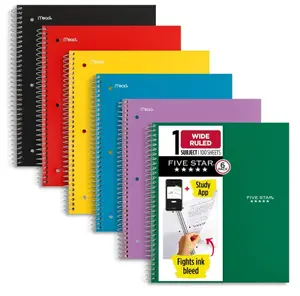 Five Star Spiral Notebooks + Study App, 6 Pack, 1 Subject, Wide Ruled Paper, Fights Ink Bleed, Water Resistant Cover, 8-1/2" x 10", 100 Sheets, Black, Red, Yellow, Purple, Green, Blue (38042)