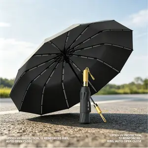 3 Fold Auto Open Close Umbrella 12 Alloy Ribs Steel Shaft 210T Polyester UPF50+ Windproof Rain Sun Compact Travel Umbrella for Commute Car Beach Hiking